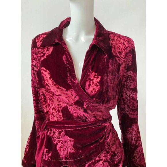Ice Womens Velvet Wrap Jacket Red Paisley Long Sleeve Tie Collared M - Picture 8 of 12
